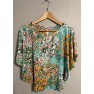 Womens Poncho Top Small Colorful Floral Dolman Sleeve Stretch Romantic Fairy NWT